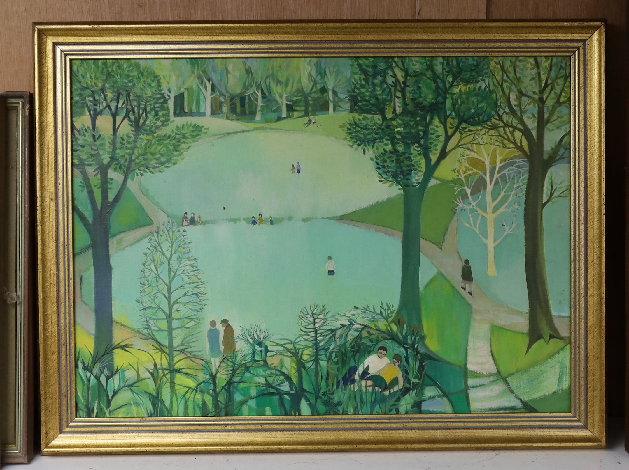 Modern British, oil on board, Figures in a park, 40 x 55cm